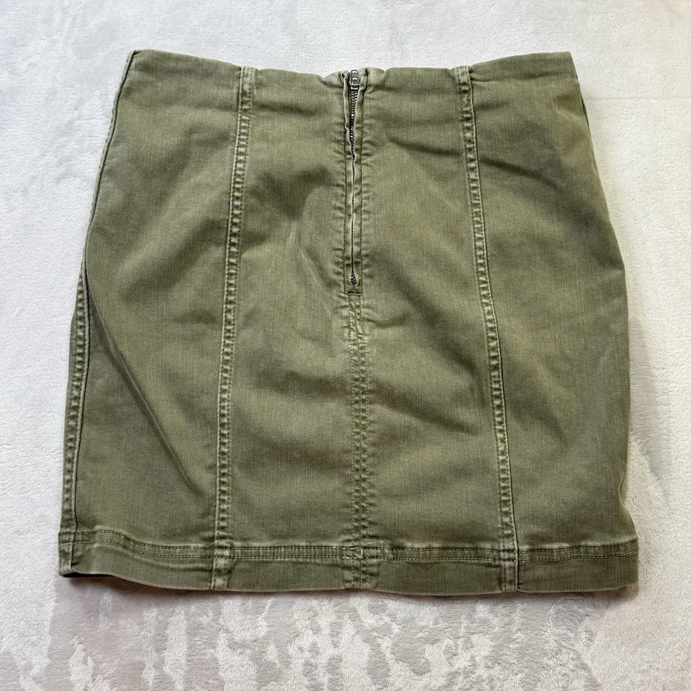 Free People Olive Stretch Denim Mini Skirt Women's Size 4 Utility Zip Back